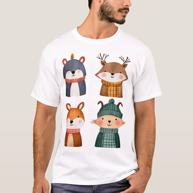 Cute Woodland Animals in Cozy Winter Scarves Class T-Shirt (Front)
