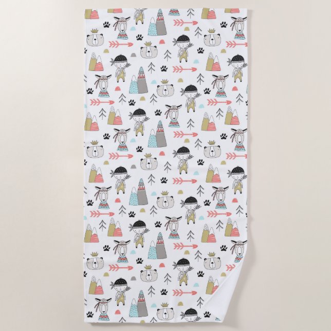 Cute Woodland Animals & Indian Boy Pattern Beach Towel (Front)