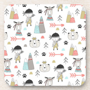Cute Woodland Animals & Indian Boy Pattern Coaster