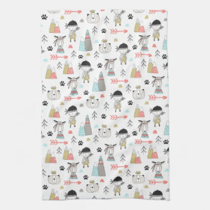 Cute Woodland Animals & Indian Boy Pattern Kitchen Towel