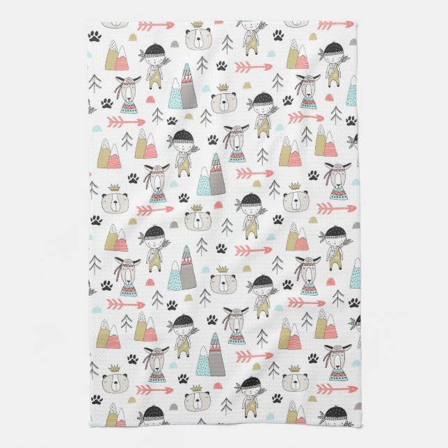 Cute Woodland Animals & Indian Boy Pattern Kitchen Towel (Vertical)