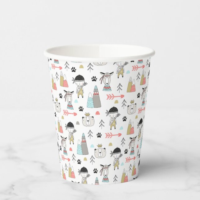 Cute Woodland Animals & Indian Boy Pattern Paper Cups (Left)