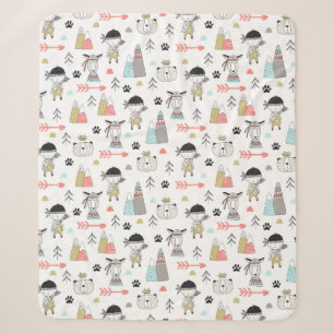 Cute Woodland Animals & Indian Boy Pattern Sherpa Blanket