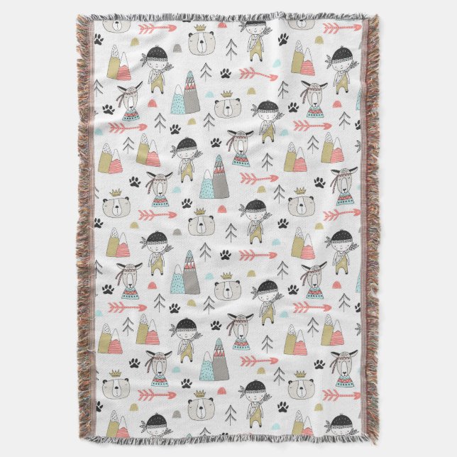 Cute Woodland Animals & Indian Boy Pattern Throw Blanket (Front Vertical)