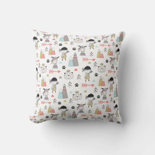 Cute Woodland Animals & Indian Boy Pattern Throw Pillow (Front)
