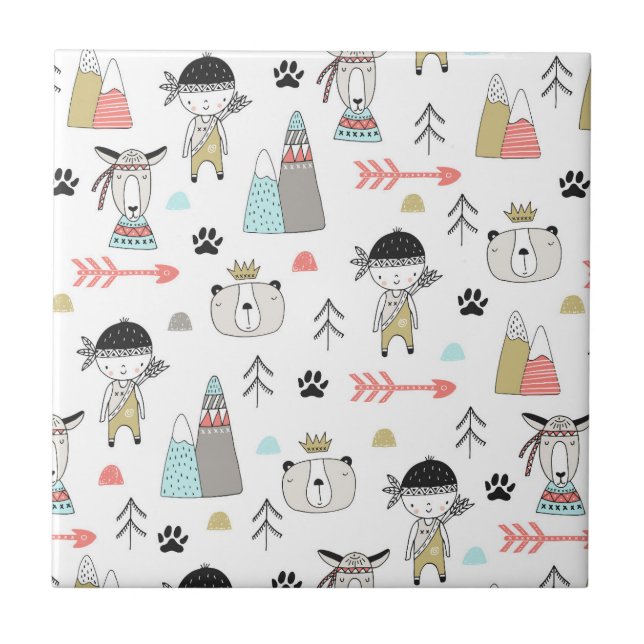Cute Woodland Animals & Indian Boy Pattern Tile (Front)