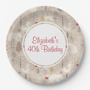 Cute Woodland Animals Nordic Pattern Birthday Paper Plate