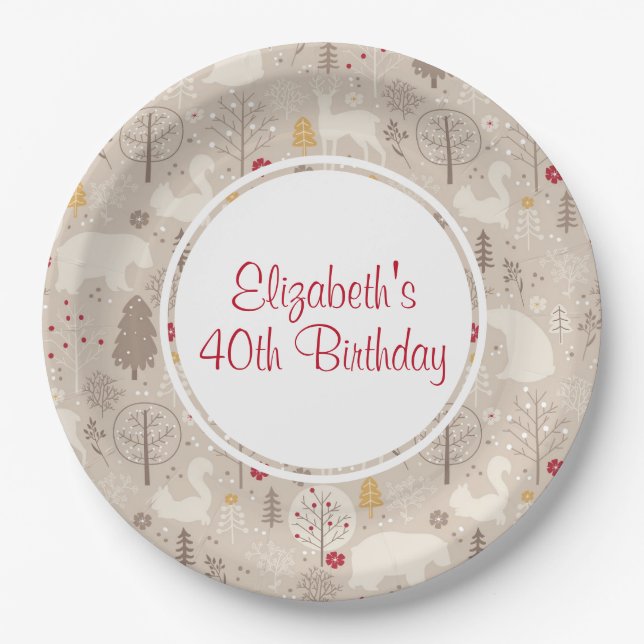 Cute Woodland Animals Nordic Pattern Birthday Paper Plate (Front)