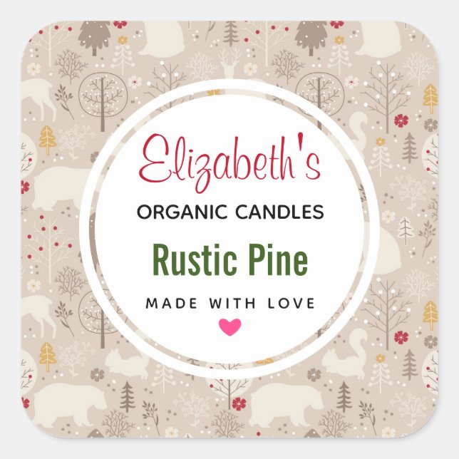 Cute Woodland Animals Nordic Pattern Candle Square Sticker (Front)