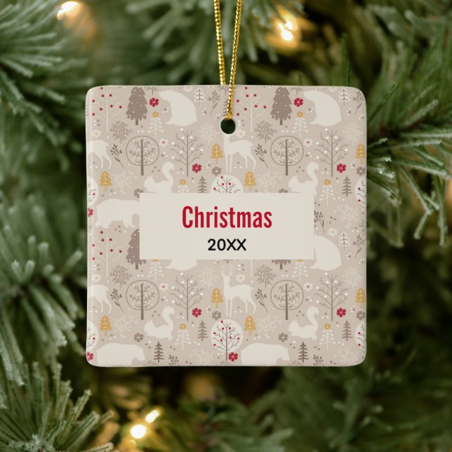Cute Woodland Animals Nordic Pattern Christmas Ceramic Ornament (Tree)