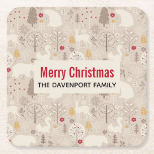 Cute Woodland Animals Nordic Pattern Christmas Square Paper Coaster