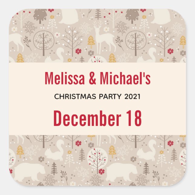 Cute Woodland Animals Nordic Pattern Christmas Square Sticker (Front)