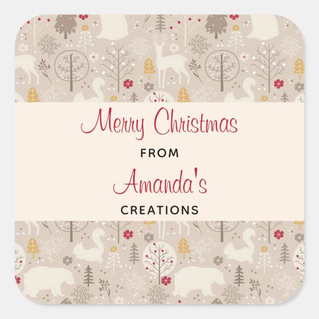Cute Woodland Animals Nordic Pattern Christmas Square Sticker (Front)
