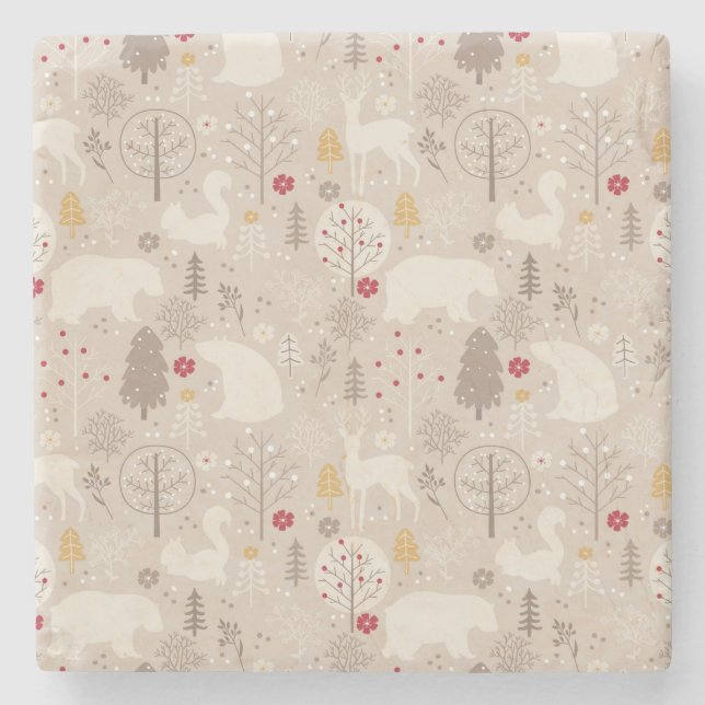 Cute Woodland Animals Nordic Pattern Christmas Stone Coaster (Front)