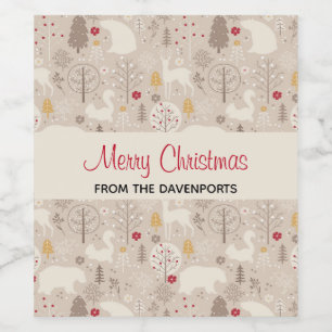 Cute Woodland Animals Nordic Pattern Christmas Wine Label