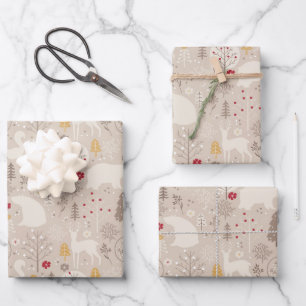 Cute Woodland Animals Nordic Pattern Christmas Wrapping Paper Sheet