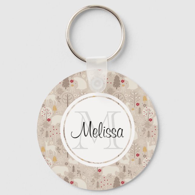 Cute Woodland Animals Nordic Pattern Keychain (Front)