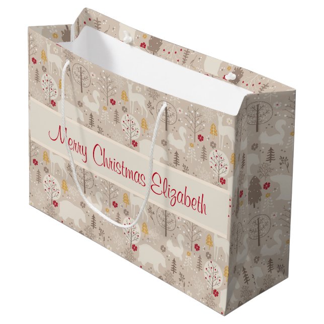 Cute Woodland Animals Nordic Pattern Large Gift Bag (Front Angled)