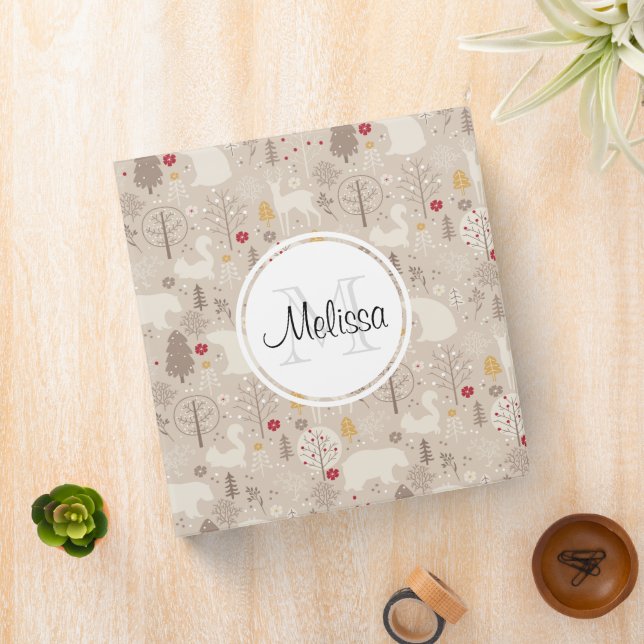 Cute Woodland Animals Nordic Pattern Monogram Binder (In Situ)