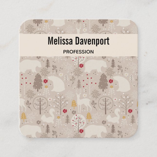 Cute Woodland Animals Nordic Pattern Square Business Card (Front)
