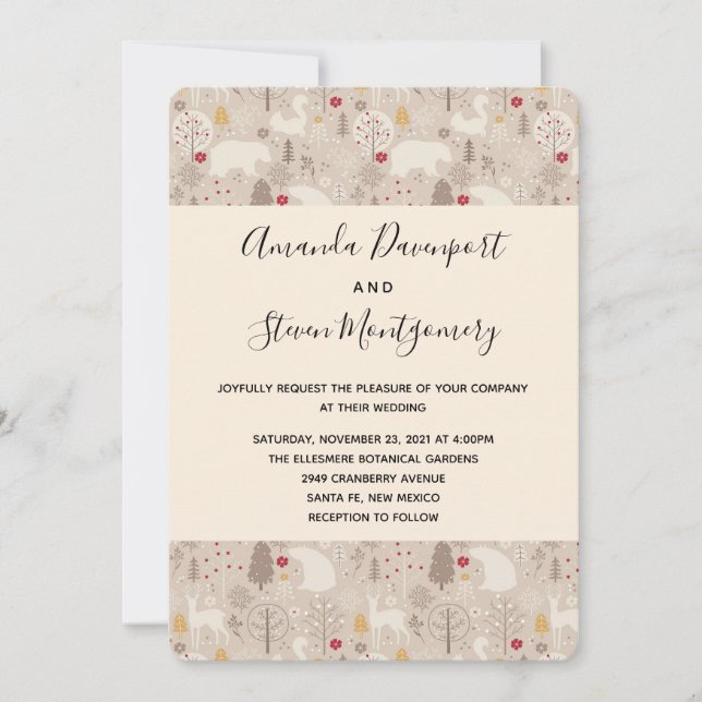 Cute Woodland Animals Nordic Pattern Wedding Invitation (Front)