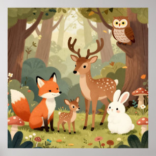 Cute Woodland Animals Nursery Scene Poster