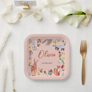 Cute Woodland Animals Pink Baby Shower Paper Plate