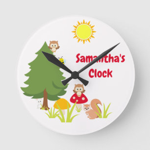 Cute Woodland Animals Squirrel & Owl Baby Nursery Round Clock