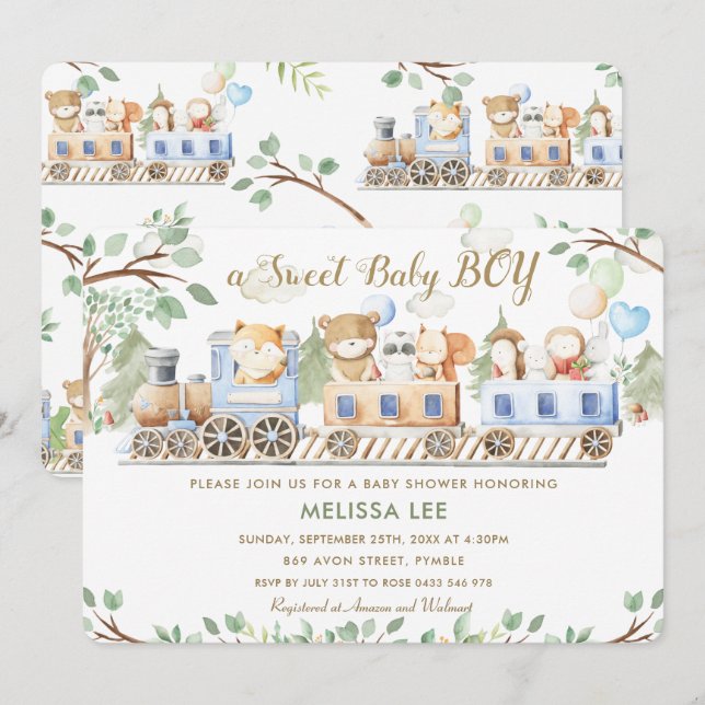 Cute Woodland Animals Train Greenery Baby Shower  Invitation (Front/Back)
