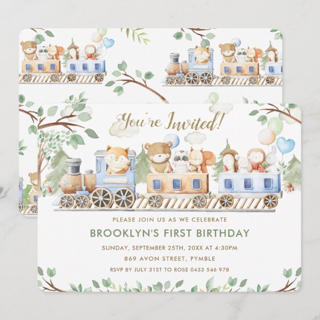 Cute Woodland Animals Train Greenery Birthday  Invitation (Front/Back)