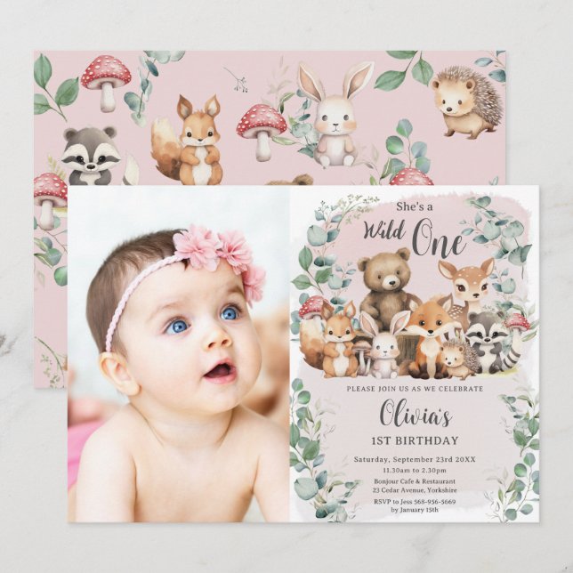 Cute Woodland Animals Wild One 1st Birthday Photo Invitation (Front/Back)