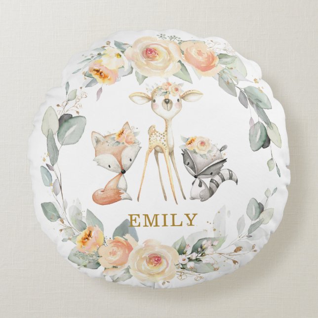 Cute Woodland Animals Yellow Floral Greenery  Round Pillow (Front)