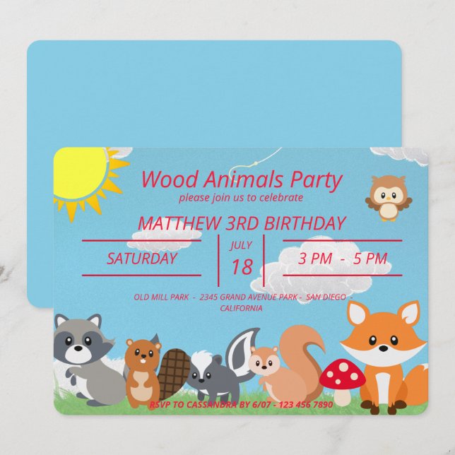 Cute Woodland Animals Yellow Sun  Invitation (Front/Back)