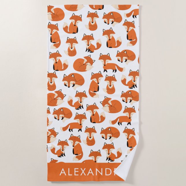 Cute Woodland Autumn Forest Fox Pattern with Name Beach Towel (Front)