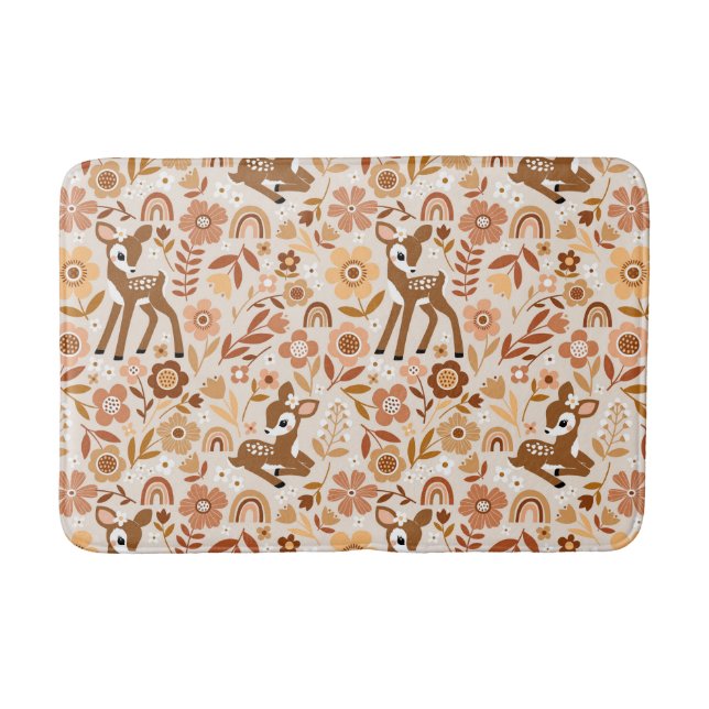 Cute Woodland Baby Deer Floral Pattern Bath Mat (Front)
