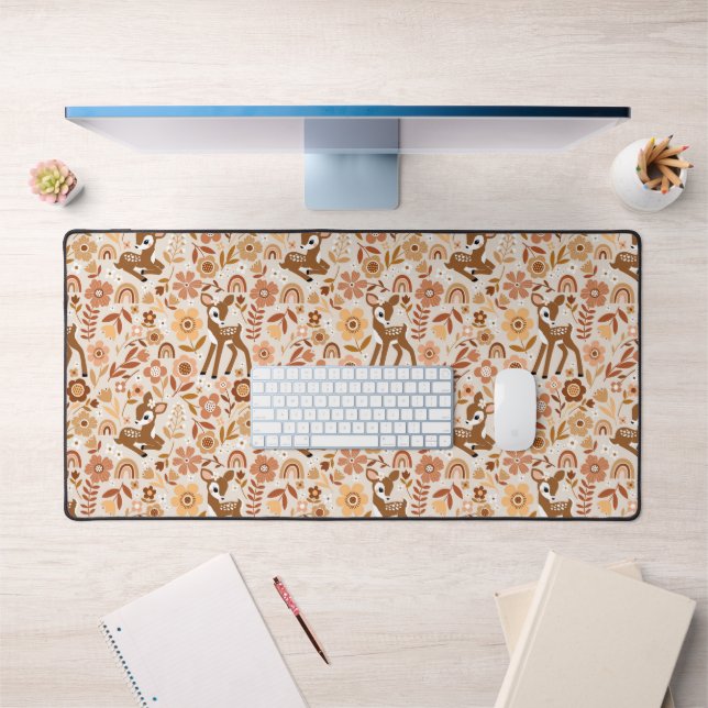 Cute Woodland Baby Deer Floral Pattern Desk Mat (Office 1)