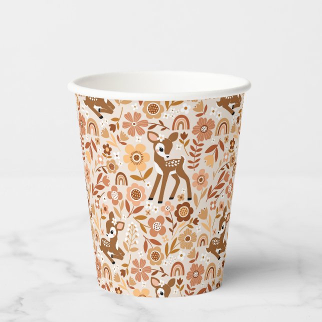 Cute Woodland Baby Deer Floral Pattern Paper Cups (Front)