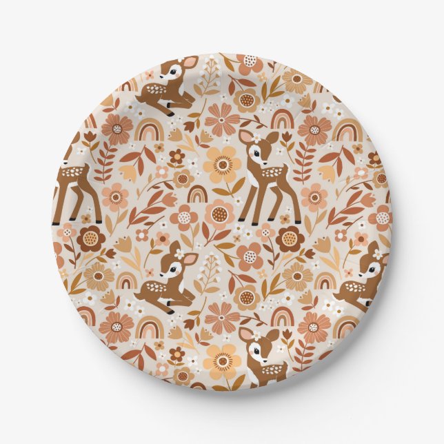 Cute Woodland Baby Deer Floral Pattern Paper Plate (Front)