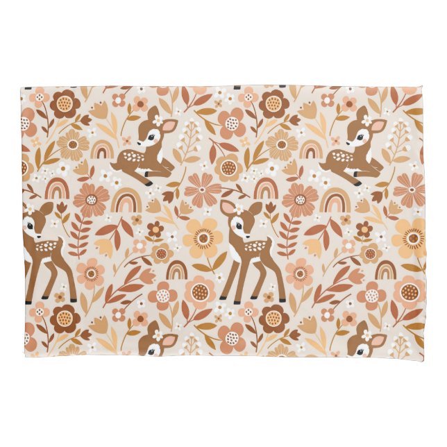 Cute Woodland Baby Deer Floral Pattern Pillowcase (Front)