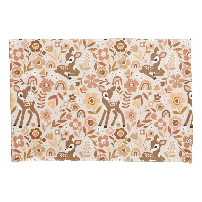 Cute Woodland Baby Deer Floral Pattern Pillowcase (Front)