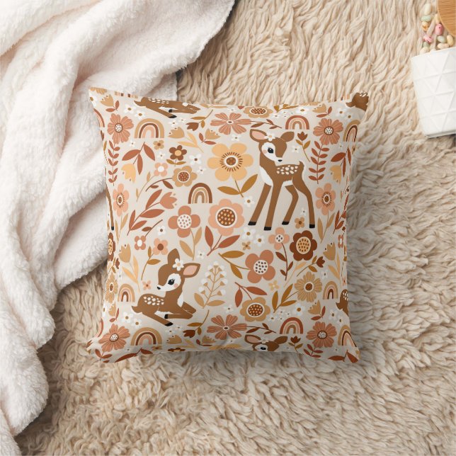 Cute Woodland Baby Deer Floral Pattern Throw Pillow (Blanket)