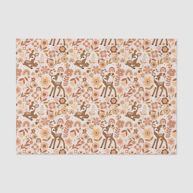 Cute Woodland Baby Deer Floral Pattern Tissue Paper (Front)