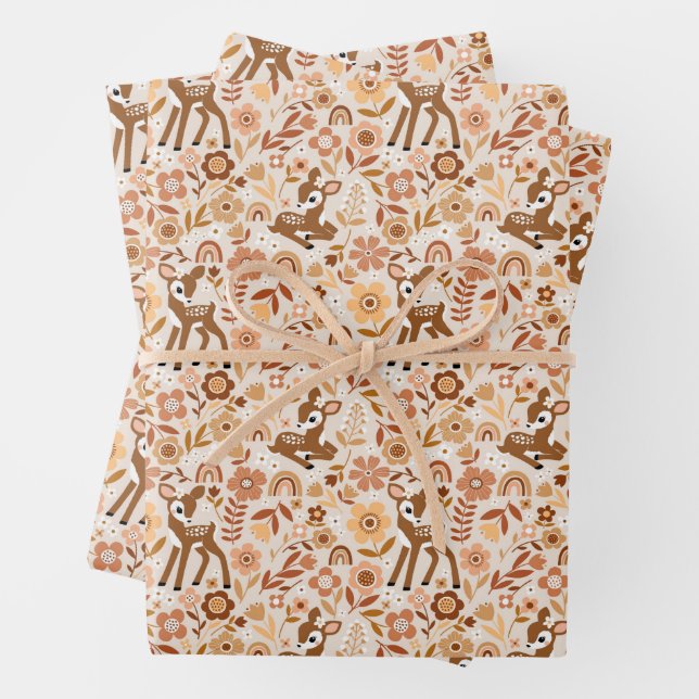 Cute Woodland Baby Deer Floral Pattern Wrapping Paper Sheet (In situ)