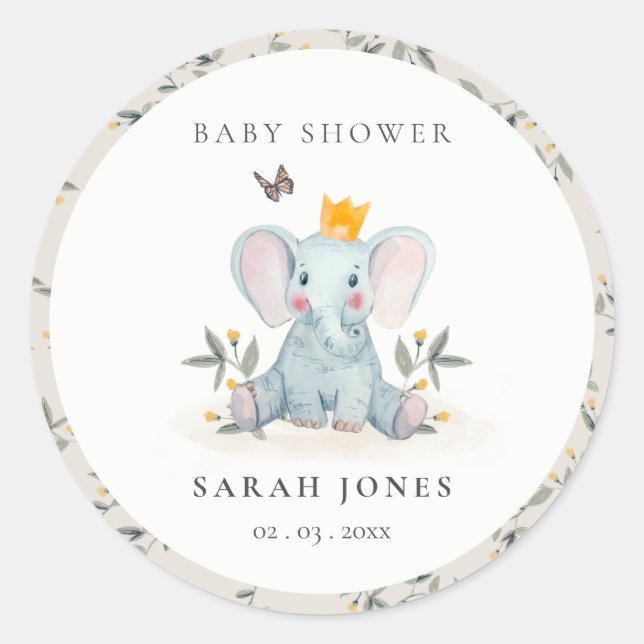 Cute Woodland Baby Elephant Foliage Baby Shower  Classic Round Sticker (Front)