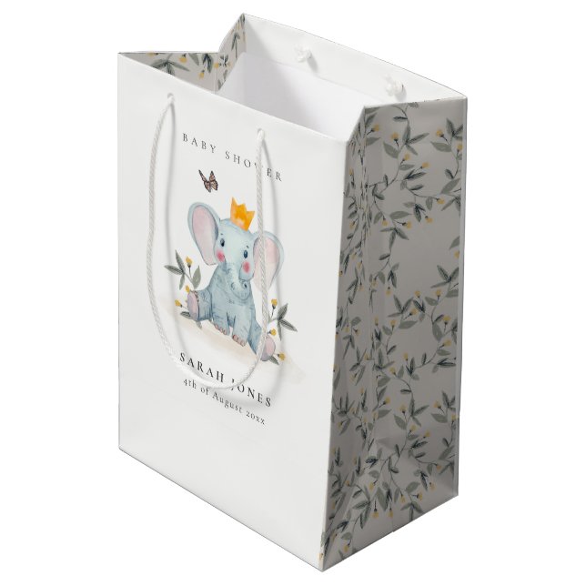 Cute Woodland Baby Elephant Foliage Baby Shower  Medium Gift Bag (Back Angled)