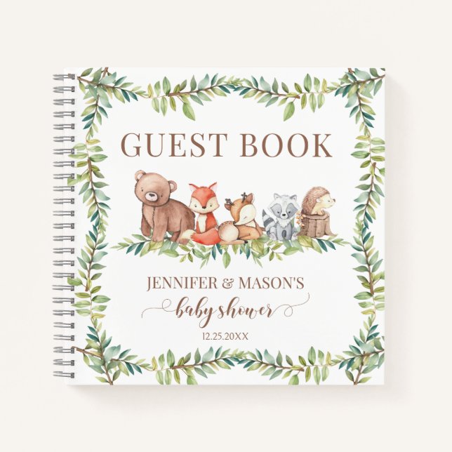 Cute woodland baby shower guest book gift notebook (Front)