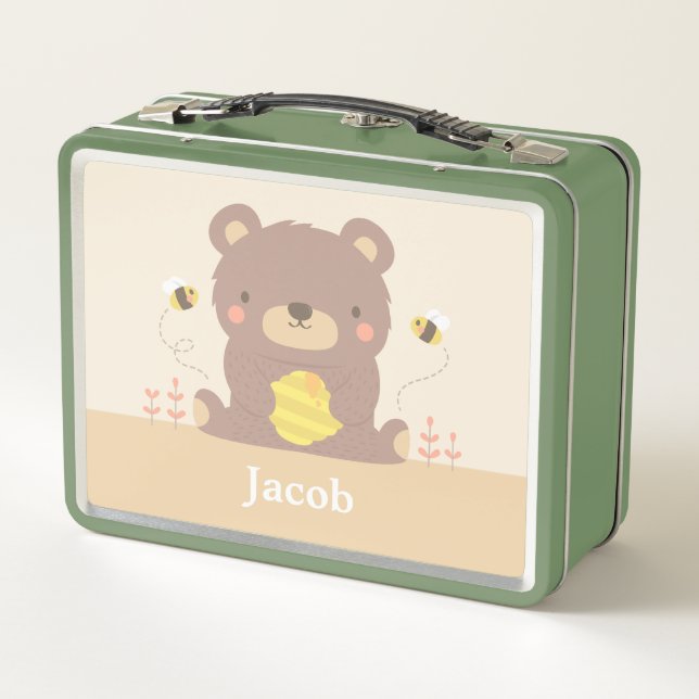 Cute Woodland Bear And Bees Kids Personalized Metal Lunch Box (Back)