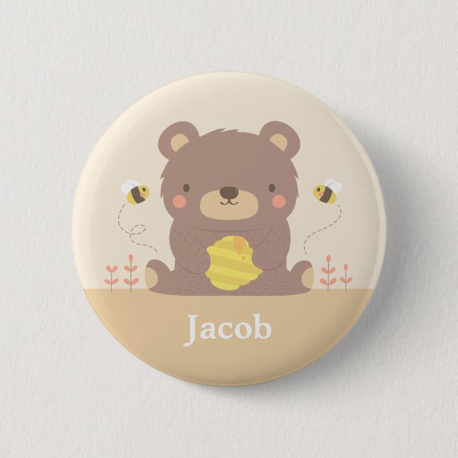 Cute Woodland Bear and Bees Personalized Button (Front)