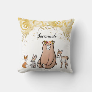 Cute Woodland Bear & Friends Throw Pillow