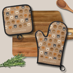Cute woodland bear oven mitt & pot holder set